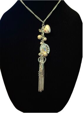 Silver Heart & Key Tassel Pendant Necklace - Silver